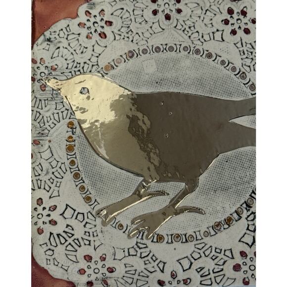 Handcrafted ceramic clay wall Tile plaque doily textured bird metallic mirror - Picture 5 of 6
